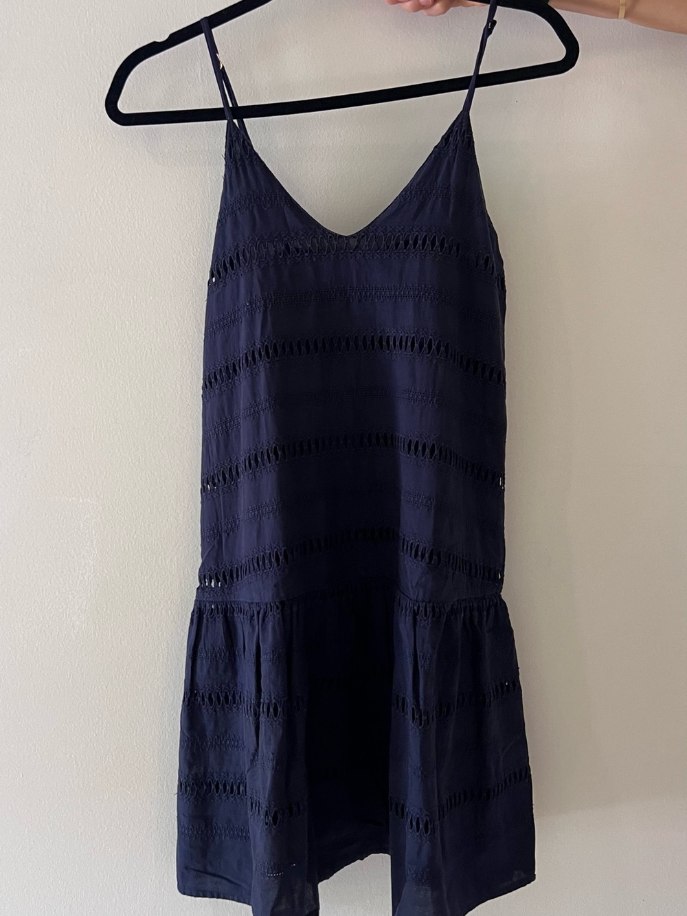 Navy Eyelet Midi Dress with Spaghetti Straps